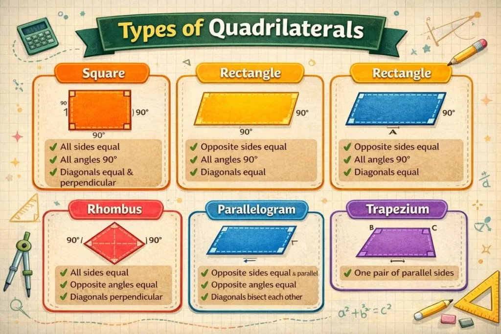 types of quadrilaterals diagram class 9 maths square rectangle rhombus trapezium parallelogram