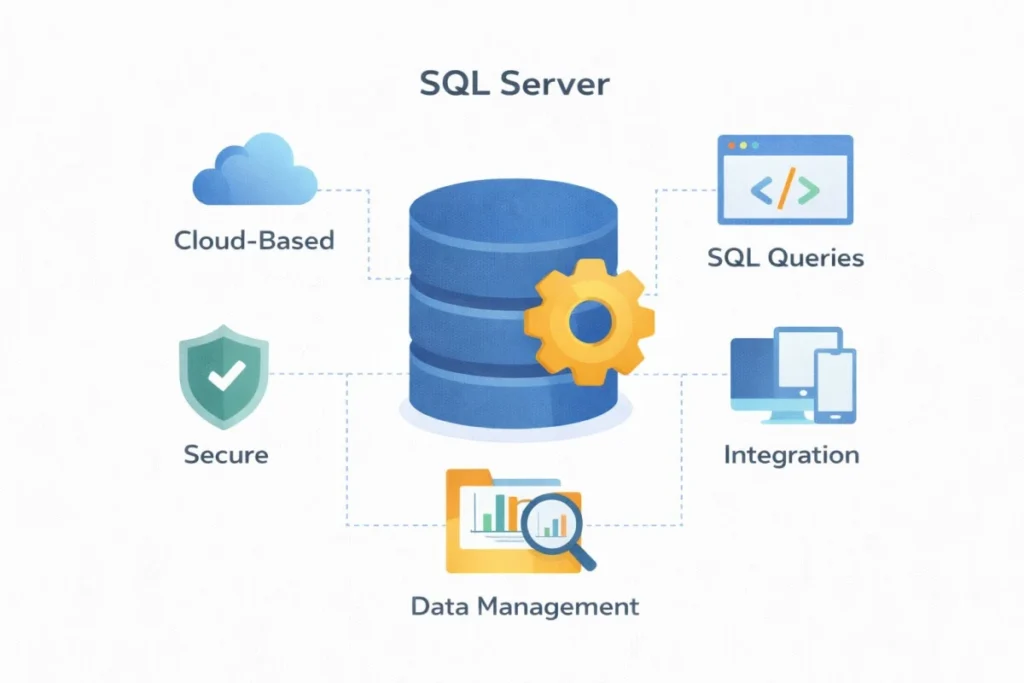 SQL Server database system concept infographic with cloud, security and data management icons