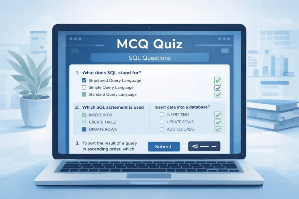 multiple choice questions SQL practice concept