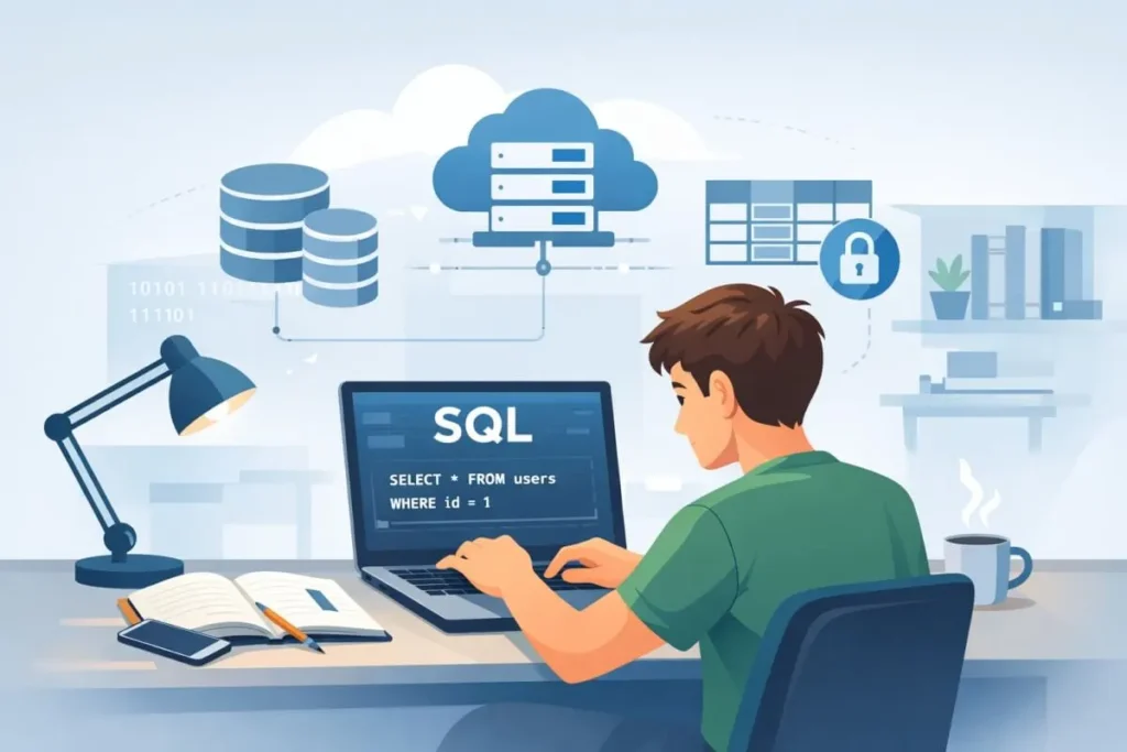 student learning SQL database concepts on laptop